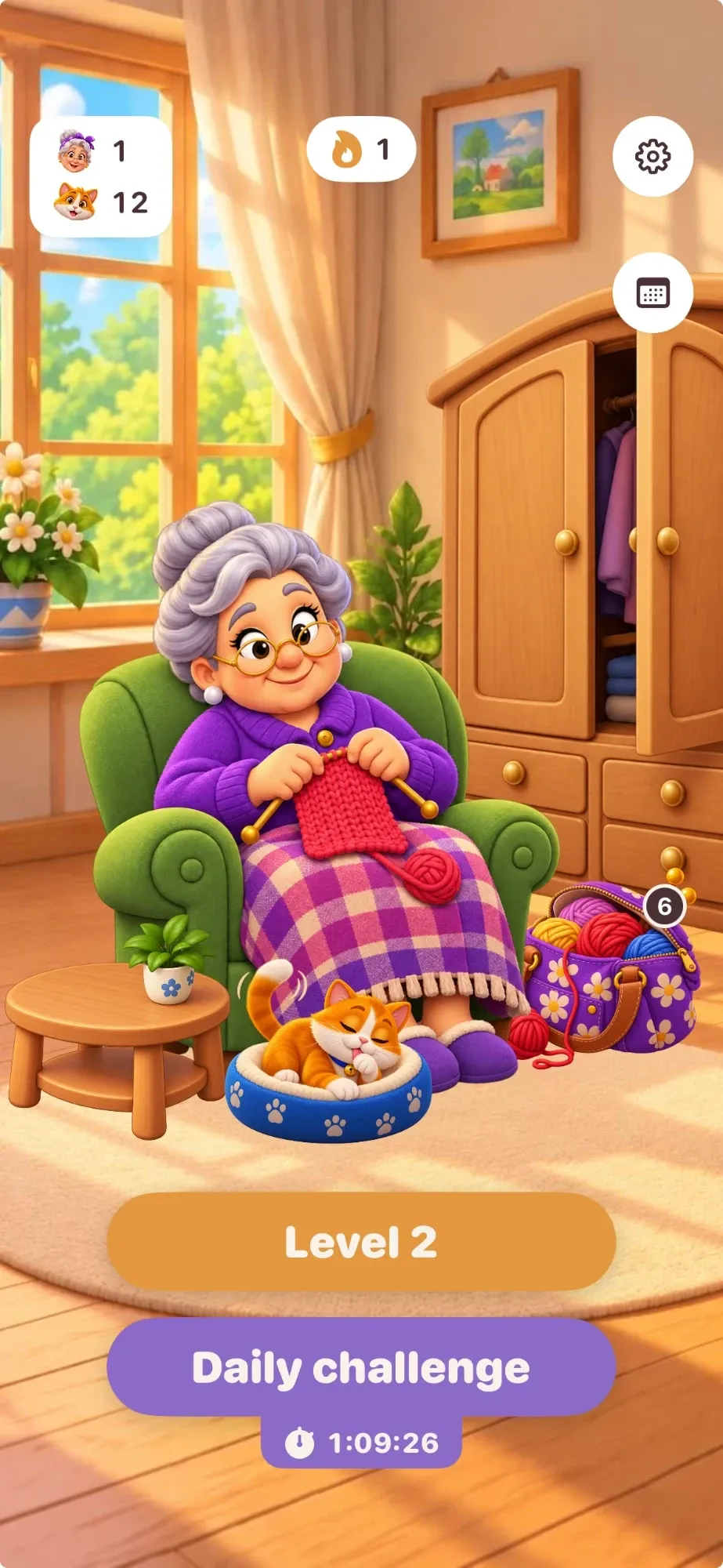 Granny knitting in her green armchair in a sunny living room, her cat asleep in a basket, with buttons for Level 2 and the daily challenge.
